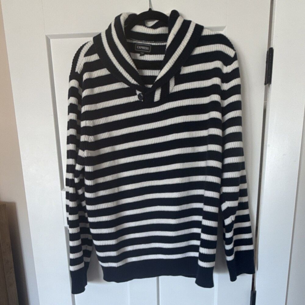 Express Men's Shawl Collar Pullover Sweater Navy / White Striped Knit XL